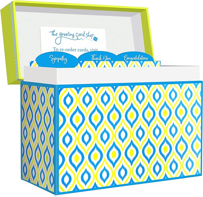Designer Greetings Greeting Card Organizer Box with Dividers and Calendar, Peacock Design (Holds Up to 40 Greeting Cards, 5.5” x 7.25” or Smaller)