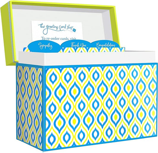 Designer Greetings Greeting Card Organizer Box with Dividers and Calendar, Peacock Design (Holds Up to 40 Greeting Cards, 5.5” x 7.25” or Smaller)