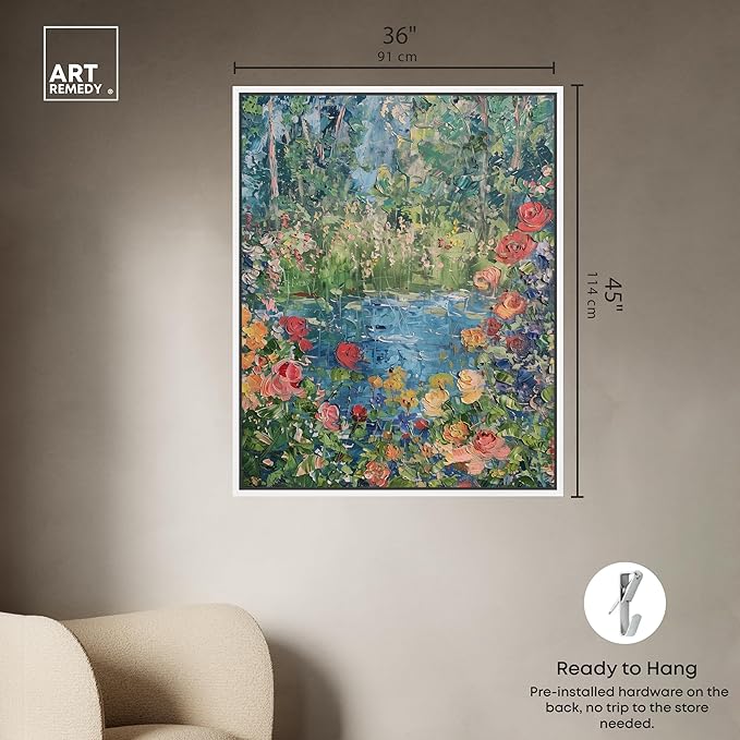 Art Remedy Serene Escape Framed Impressionism 1 Piece Canvas Wall Art/Monet And Van Gogh Inspired Art, 37" x 46", White Frame