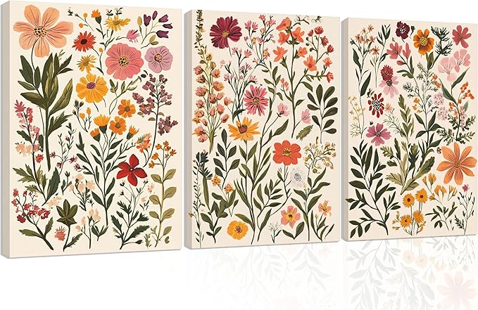 3Pcs Colorful Wildflower Canvas Wall Art Boho Floral Posters Botanical Prints Flowers Painting Wildflower Nursery Pictures Wall Decor for Living Room Bedroom Framed
