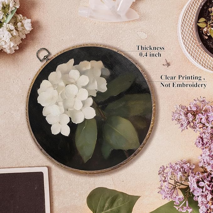 FUGWN Vintage Hydrangea Floral Round Wall Art Decor Framed, Dark Cottagecore White Hydrangea Floral Canvas Artwork Prints, Flower Wall Hanging Decorations for Home Bedroom Living Room, 10x10 Inch