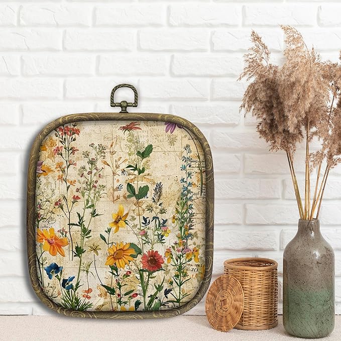 KSDUT Boho Flower Floral Wall Decor Art - Botanical Neutral Wall Art Canvas Frame Hanging Prints, Vintage Landscape Wildflower Square Wall Art Decor for Home Decorations 6.5"x5.7"