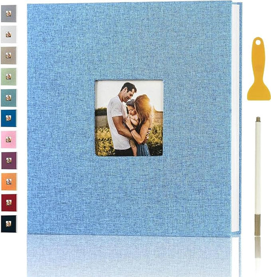 Photo Album Self Adhesive Pages for 4x6 5x7 8x10 Pictures Magnetic Scrapbook Photo Albums with Sticky Pages Books with A Metallic Pen for Baby Wedding Family 11x10.6 LightBlue 60 Pages