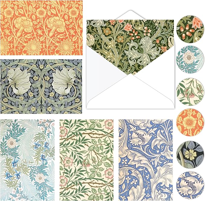24 Pack William Morris Greeting Cards with Envelopes & Stickers - 6 Vintage Floral Retro Botanical Designs Blank Note Cards for Wedding, Birthday, Baby Shower, Thank You & More | 5.9x3.9 Inches