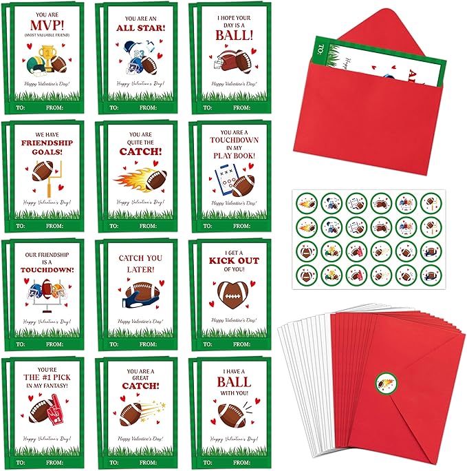 TICIAGA 72pcs Valentine’s Day Football Greeting Cards with Envelop and Stickers for Kids, 4 x 6 IN Sport Theme Exchange Gift Cards for Boys and Girls School Classroom Supplies, Valentines Party Favors