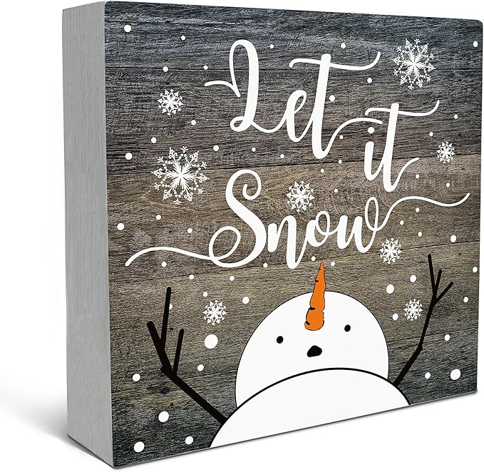 SRADMO Let It Snow Christmas Wooden Sign Desk Decor, Snowman Christmas Decor, Rustic Winter Snowflake Wood Block Signs for Home Office Xmas Party Holiday Desk Table Shelf Decorations, 8x8 Inches