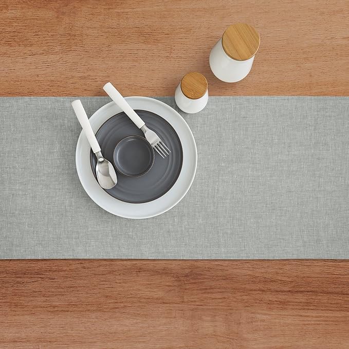Solino Home Linen Table Runner 120 Inches Long - Athena, 100% Pure Linen Chambray Grey Table Runner 14 x 120 Inch for Dining