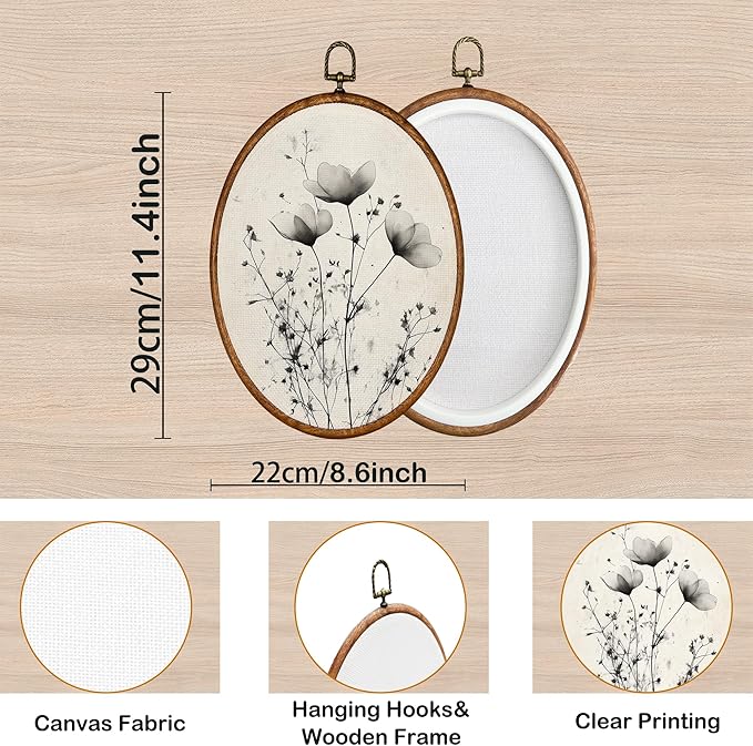 KSDUT Vintage Boho Mid Century Flower Floral Wall Decor Art - Black Botanical Neutral Wall Art Canvas Frame Hanging Prints, Retro Landscape Wildflower Oval Wall Art Decor for Home Decor 8.6"x11.4"