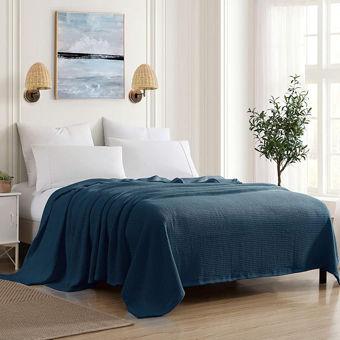 Sweet Home Collection 100% Fine Cotton Luxurious Basket Weave Blanket, Navy King