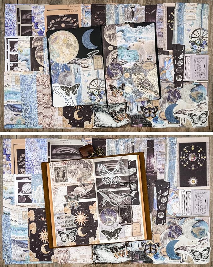 Knaid 200 Piece Vintage Ephemera Bundle - Paper & Sticker Kit for Junk Journaling, Scrapbooking, Planners, Bullet Journals, Collage, Decoupage - Black/Blue Tones