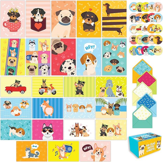 Decorably 50 Pack 6x4in Dog Note Cards with Envelopes and Stickers, 25 Adorable Designs for Friends, Family and Loved Ones, Blank Inside - Baby Shower, Kid's Party, Birthday, Gifting & Mailing