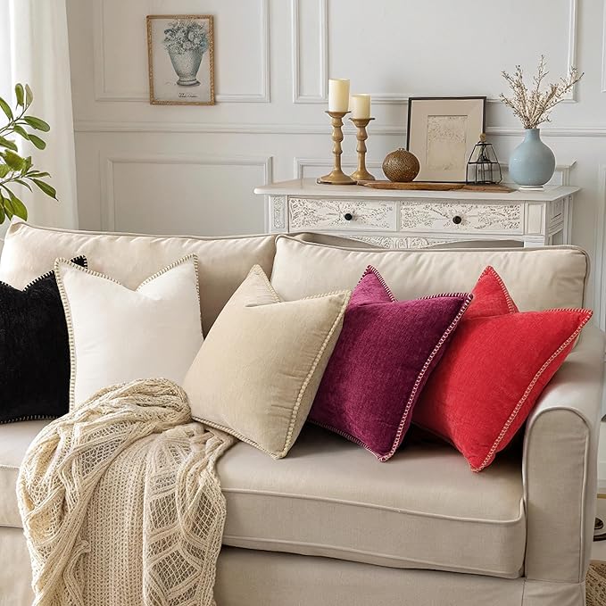 decorUhome Spring Chenille Soft Throw Pillow Covers 16x16 Set of 2, Farmhouse Velvet Neutral Decorative Pillow Covers with Stitched Edge for Couch Sofa Bed Home Decor, Rhododendron