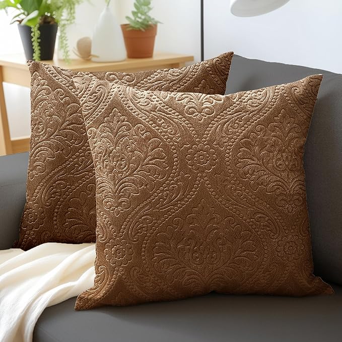 Encasa XO Luxury Embossed Velvet Throw Pillow Covers - Plush Cushion Covers for Elegant Living Rooms & Bedrooms, Machine Washable, 20"x20" Coffee | Set of 2 | Covers Only No Insert
