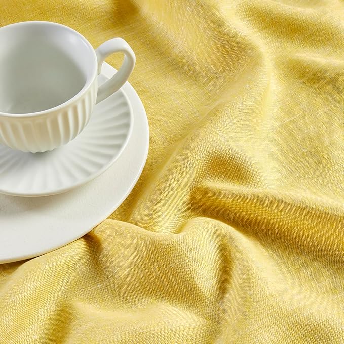 Solino Home Linen Table Runner 108 Inches Long - Athena, 100% Pure Linen Chambray Lemon Yellow 14 x 108 Inch Table Runner for Spring, Easter