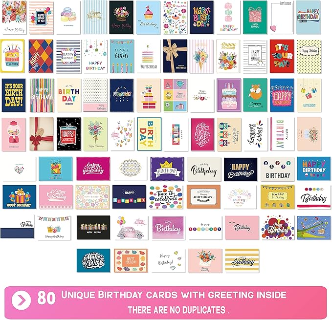 80 Unique Birthday Cards- Happy Birthday Cards Bulk With Greetings Inside – Assorted Envelopes and Stickers -Large 5 x 7 inches- Greeting Box Set