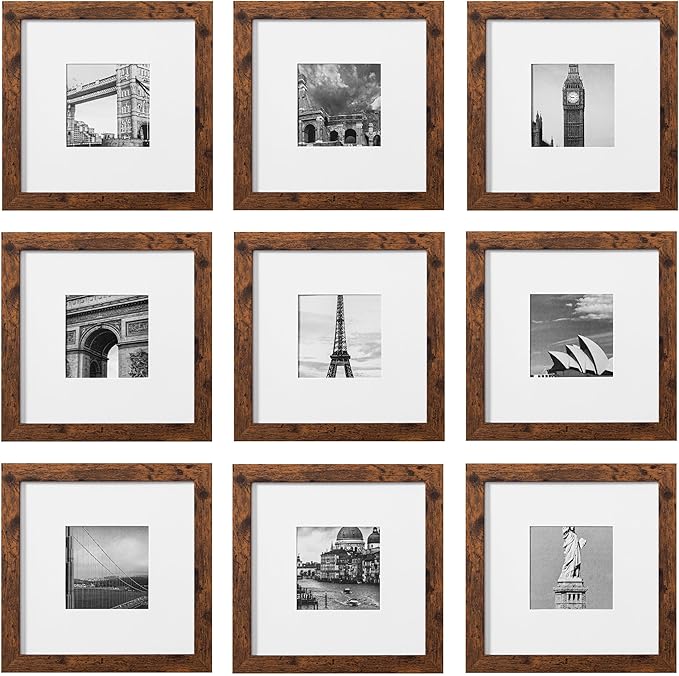 eletecpro 8x8 Picture Frames Set of 9 Classic Gallery Wall Frame Set Displays 4x4 Photo with Mat or 8x8 without Mat, Square Picture Frames Collage Wall Decor, Rustic Brown Modern Home Decor for