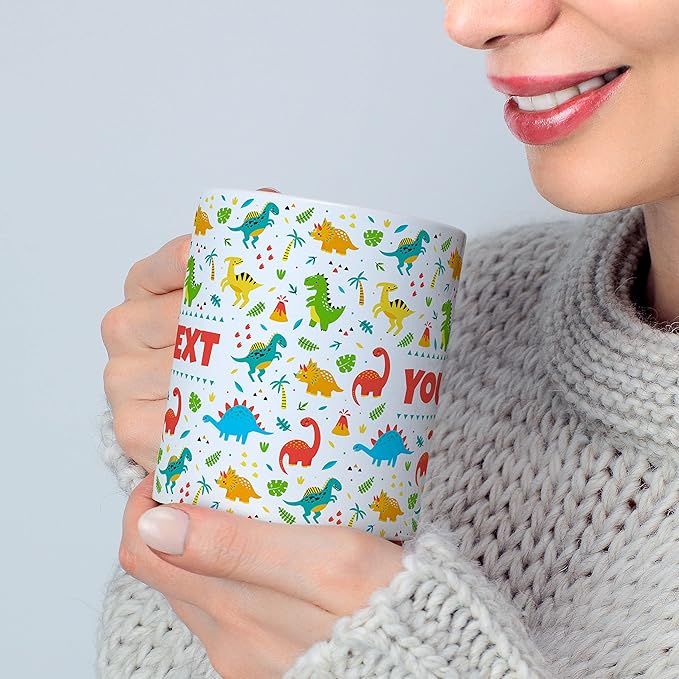 Personalized Mug for Kids - Dinosaurs - Custom Name/Text, Ceramic Hot Chocolate/Cocoa/Coffee Cup for Boys/Girls, Birthday/Christmas/Holiday Gift - 11 oz, Pink Handle