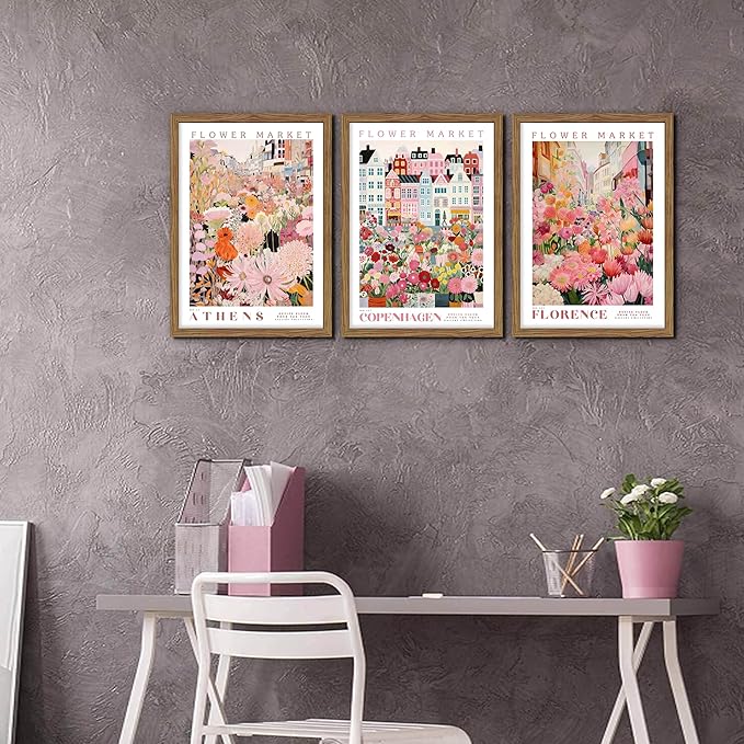 Floral Wall Art Set of 3, Colorful Flower Market Canvas Wall Decor Paintings, Pink Wildflower Botanical Posters Prints Pictures Artwork for Bedroom Living Room 16x24 Inch Wood Framed