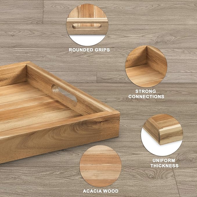 Natural Acacia Wooden Rectangular Serving Tray with Handles, Set of 2 (15"x11" & 13"x10"), Large Tray for Ottoman, Breakfast in Bed, Dinner, Coffee Table Decor & Kitchen