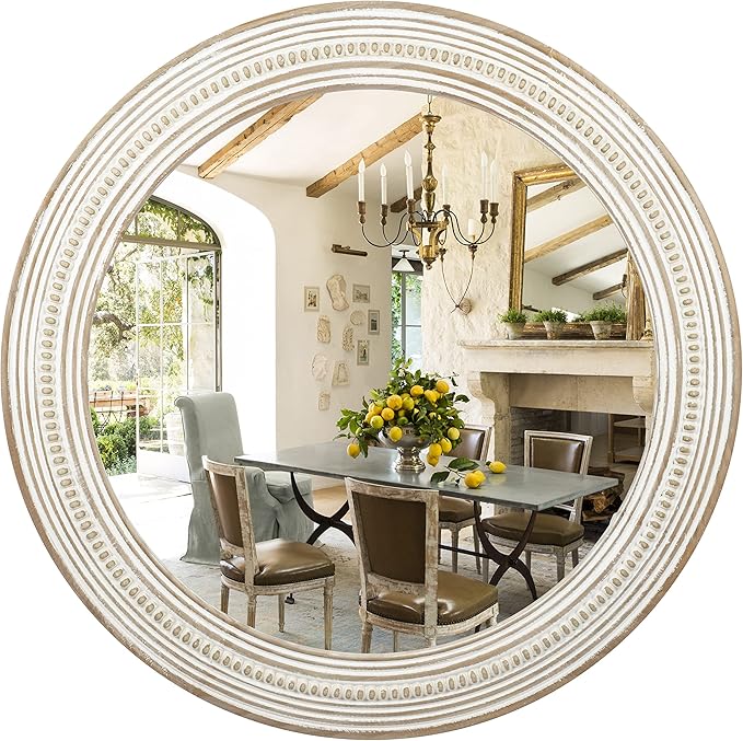 24 Inches Farmhouse Round Wooden Mirrors for Wall Decor, Rustic Decorative Circle Mirror for Home, Office, Bedroom, Bathroom, Living Room, Entryway - Housewarming Gift