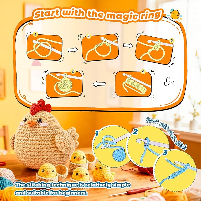 Joyclub 4 Pcs Crochet Kit for Beginners Crochet Starter Kits for Adults and Kids Great Birthday Gifts for Crocheting Lovers with Step by Step Video Amigurumi Chicken Family Knitting Kit DIY Craft