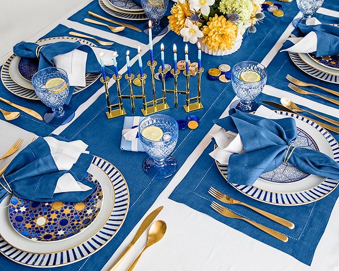 Solino Home Linen Table Runner 108 Inches Long - 100% Pure Linen Indigo Blue Table Runner 14 x 108 Inch for Winter, Spring, Easter - Classic Hemstitch