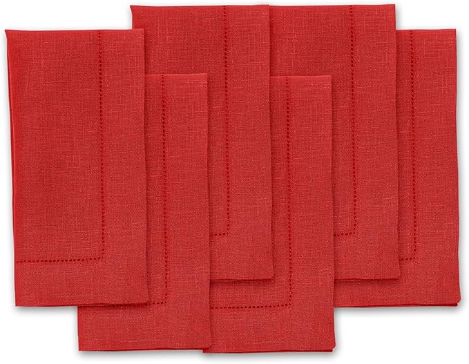 Solino Home Red Linen Napkins Set of 6-100% Pure Linen Hemstitch Dinner Napkins 20 x 20 Inch for Valentines, Winter - Classic Hemstitch