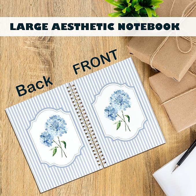 Blue Hydrangea Spiral Notebook Journal, Hydrangea Gifts, Cute Blue and White Stripes Girly Floral Journal Notebook Aesthetic Office Supplies, 5.5x8.3 Inch