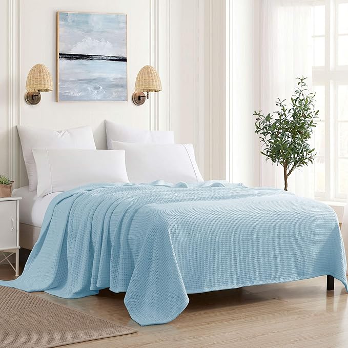 100% Fine Cotton Blanket Luxurious Weave Stylish Design Soft and Comfortable All Season Warmth, Full/Queen, Pearl Blue (Pack of 6)