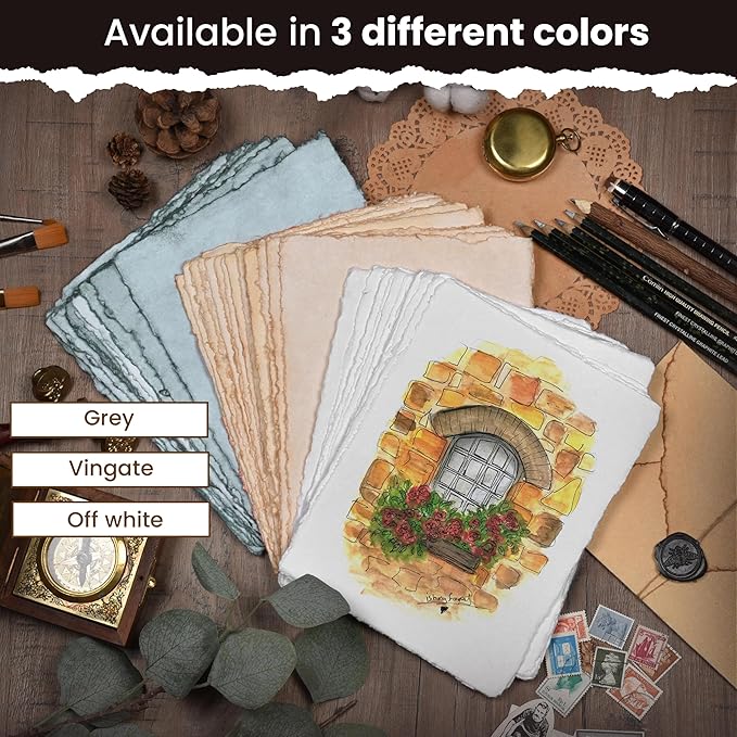 LEATHER VILLAGE Watercolor Paper- 7 X 10 inches - 20 Sheets Watercolor Paper for Drawing, Sketching, Painting & Crafts - 150 GSM Thick Deckle Edge Virgin Cotton Handmade Paper - Grey