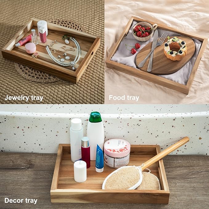 Natural Acacia Wooden Rectangular Serving Tray with Handles, Set of 2 (15"x11" & 13"x10"), Large Tray for Ottoman, Breakfast in Bed, Dinner, Coffee Table Decor & Kitchen