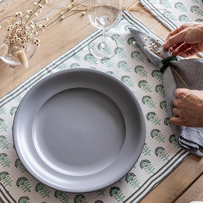 Over&Back Set of 4 Hand-Blocked Placemats - Colorful Dining Table Mat - Each Placemat is Unique - 100% Cotton - Machine Washable - Kitchen and Home Decor - Green Flower