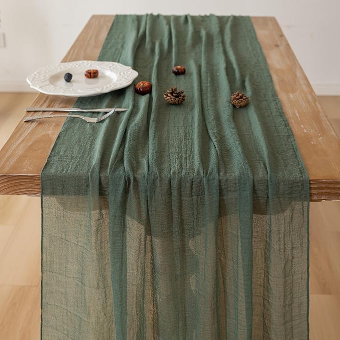 Keketoarrange Forest Green Easter Table Runner Gauze Rustic Cheesecloth 120 Inch 10 FT for Wedding Baby Shower Bridal Shower Birthday Engagement Garden Party Long Sheer Boho Spring Home Decorations