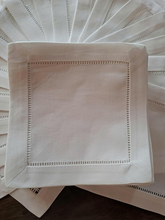 White Cocktail Napkins, White Linen Blend Cocktail Napkins Hemstitch 6x6 Set of 50 Cocktail Napkin, Linen Blend Cloth Coasters, Elegant Reusable Beverage Napkins for Wedding, Party and Entertaining
