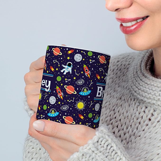 Personalized Mug for Kids - Outer Space - Custom Name/Text, Ceramic Hot Chocolate/Cocoa/Coffee Cup for Boys/Girls, Birthday/Christmas/Holiday Gift - 11 oz, Black Handle