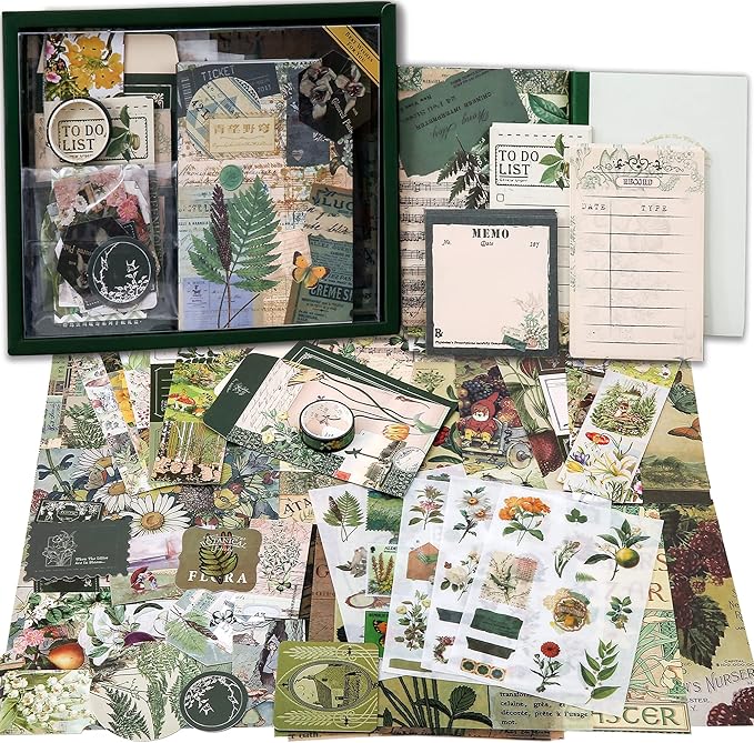 Scrapbooking Supplies Kit, Vintage Botanical Aesthetic Scrapbook Kit for Bullet Junk Journal, Stationery, A6 Grid Notebook, Flower DIY Journaling Supplies, Birthday Craft Gift Teen Girl Kid Women