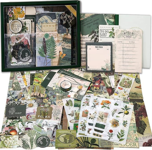Scrapbooking Supplies Kit, Vintage Botanical Aesthetic Scrapbook Kit for Bullet Junk Journal, Stationery, A6 Grid Notebook, Flower DIY Journaling Supplies, Birthday Craft Gift Teen Girl Kid Women