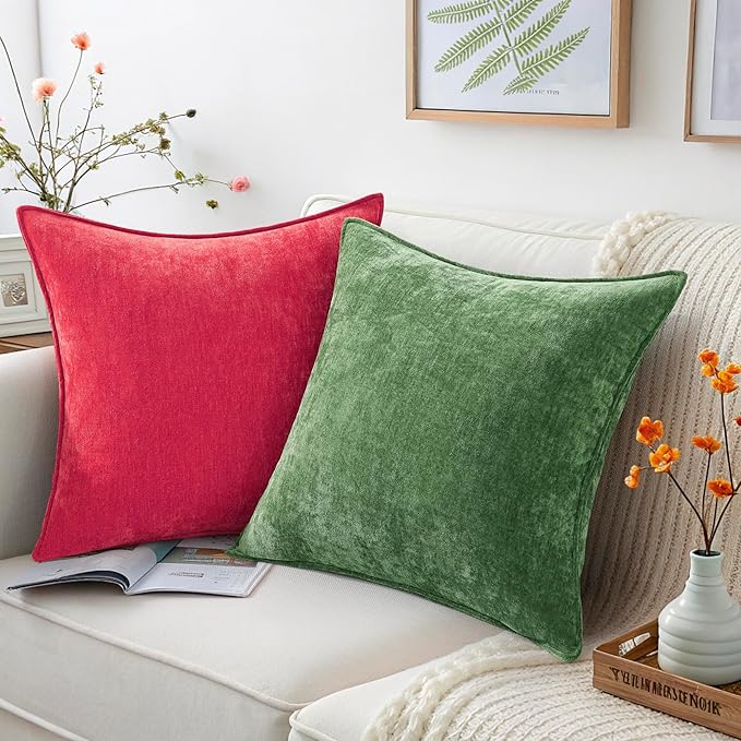 decorUhome Spring Couch Throw Pillow Covers 18x18 Set of 2, Decorative Soft Velvet Neutral Chenille Pillow Covers with Elegant Design for Sofa Bed Living Room Home Decor, Red