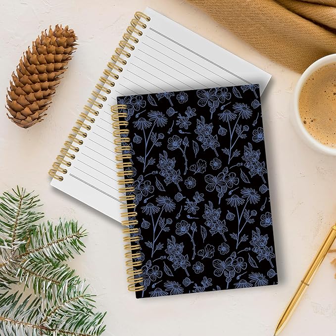 Pugwak Vintage Floral Dark Journal Notebook - Aesthetic Black Botanical Flower Notebooks College Ruled for Work School, Gifts for Women Coworker, Office Supplies, Hardcover Spiral Notebook 5.5"x8.3"