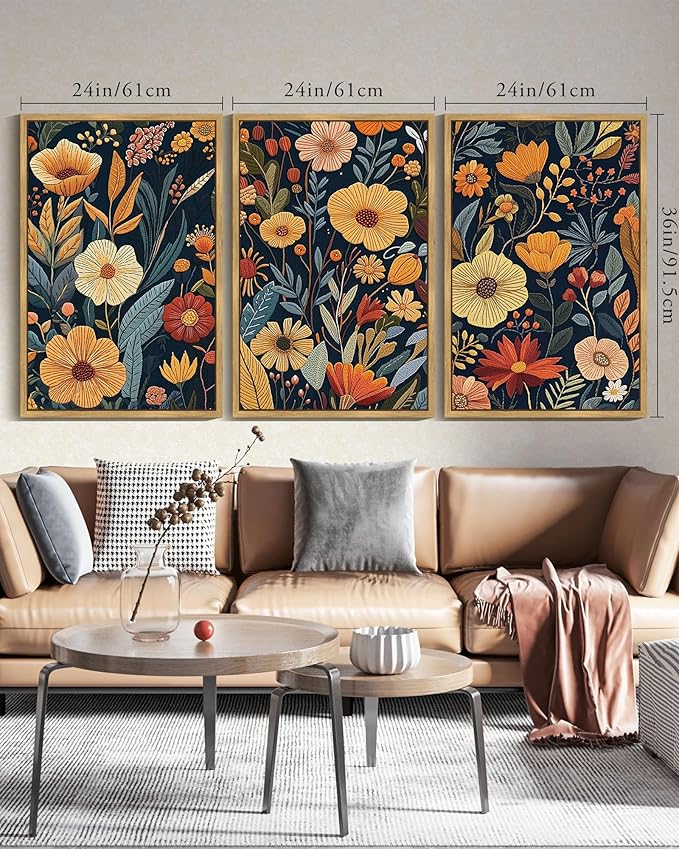 KUVIOKE Vintage Flower Framed Wall Art Colorful Boho Floral Wall Decor Botanical Retro Wildflower Modern Artwork Bedroom Living Home Decor 24x36in (Natural Framed)