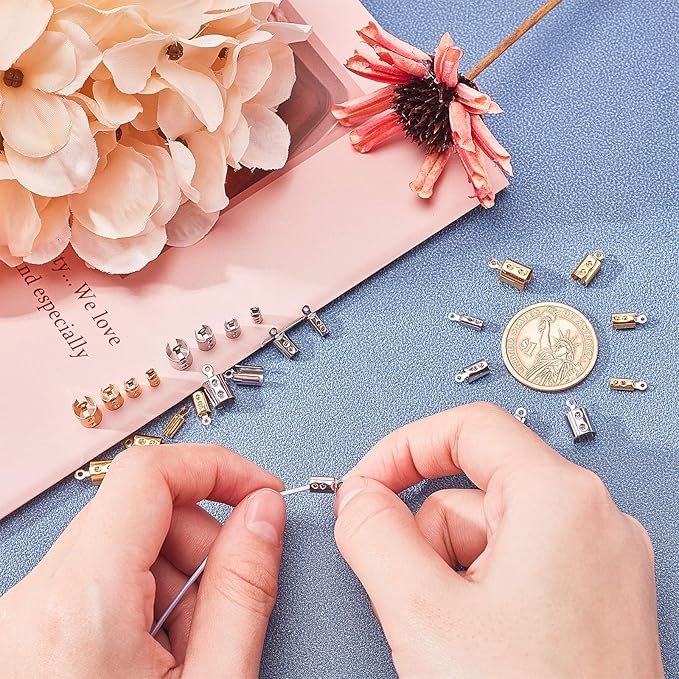 UNICRAFTALE About 80pcs 4 Sizes 2.5/3/4/5.5mm Leather Crimps Ends for Jewelry Making, Golden & Stainless Steel Color Folding Crimp Ends, Fold Over Cord Ends Jewelry Finding Kit for Bracelets