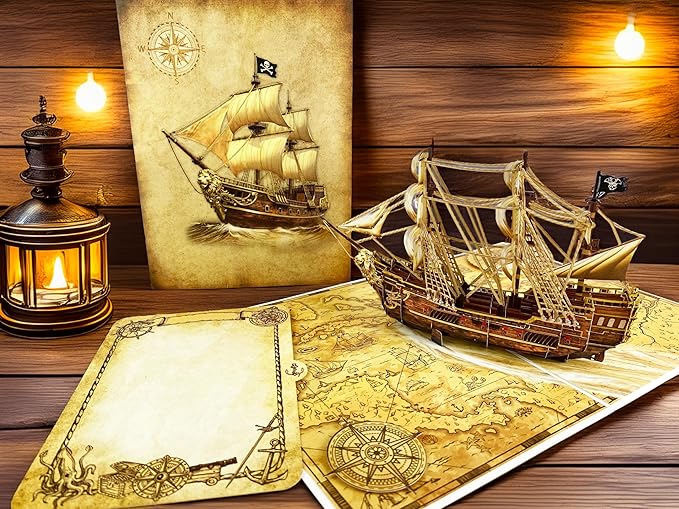 3D Pop Up Greeting Card – Handmade Pirate Ship Card with Treasure Map – Sailing Boat with Skull Flag – Birthday, Adventure Party, Nautical & Retirement Gift