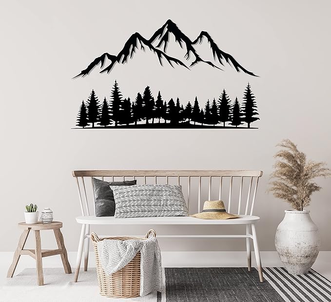 DecoSoul Mountain & Forest Metal Wall Art, Yard Mountain Range View, Outdoor Nature Forest Decorations, Wildlife Lover Gift, Large Hill Tree Decor, Home Decor for Living Room, Housewarming Gift