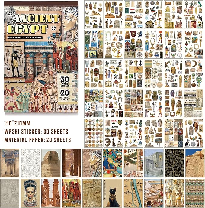 Egyptian Theme Sticker Book, 30 Sheets 300+ Pcs Vintage Aesthetics Stickers & 20 Sheets Washi Paper for Journaling Scrapbooking Bullet Journals Planners Letter Card Making