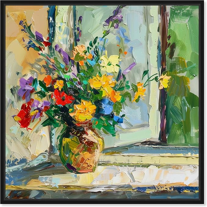 Art Remedy Vase By The Window Framed Impressionism 1 Piece Canvas Wall Art/Monet And Van Gogh Inspired Art, 21" x 21", Black Frame