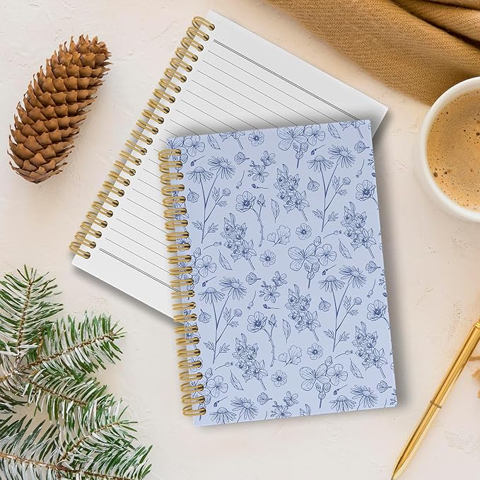 Vintage Blue Floral Journal Notebook - Aesthetic Botanical Flower Notebooks College Ruled for Work School, Gifts for Coworkers, Office Supplies, Hardcover Spiral Notebook 5.5"x8.3"