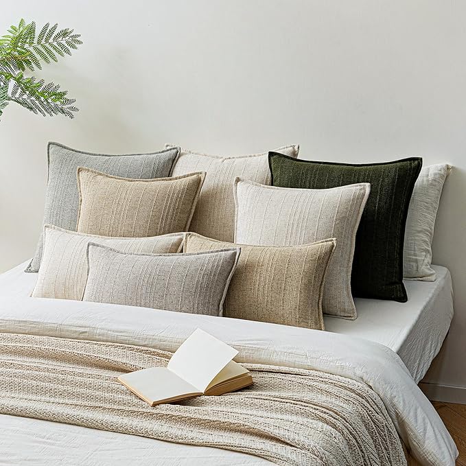 a moment Linen Pillow Covers Set of 2,Boho Farmhouse Throw Pillowcases Neutral Textured Decorative Covers for Couch Sofa,Linen Blend Accent Case Cushion Living Room Home Decor 18"x18"Dark Green