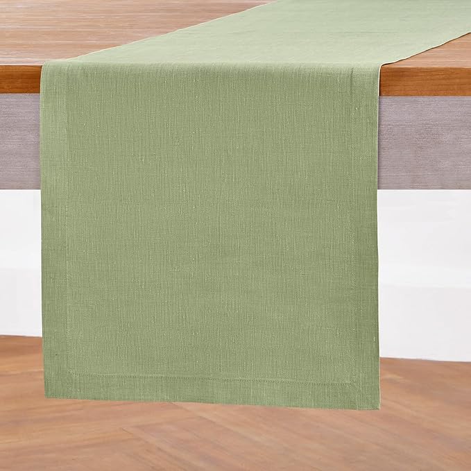 Solino Home Linen Table Runner 120 Inches Long - Athena, 100% Pure Linen Chambray Olive Table Runner 14 x 120 Inch for Dining, Spring, St Patricks Day
