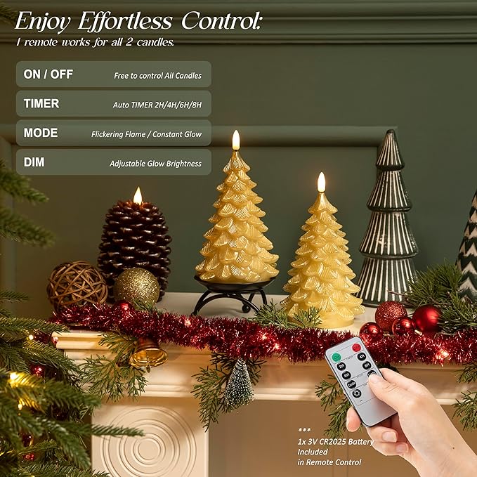 Flameless Candles with Remote Timer, 2 Pack Christmas Tree Candles Battery Operated LED Candles Real Wax Holiday Christmas Decoration for Bedroom Party Festival Gift Gold