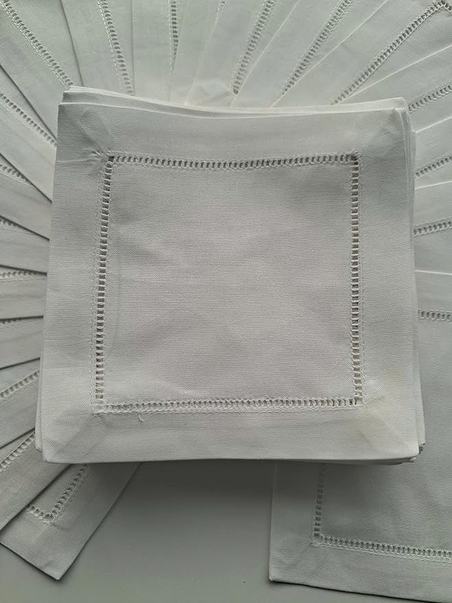 Cocktail Napkins Linen 6"X6" Set Of 50, Linen Blend Cocktail Napkin, Cloth Napkin Coasters Ladder Hemstitch Beverage Party, White Cocktail Napkins Beverage Party Napkin Super Value Bulk 50 Pack